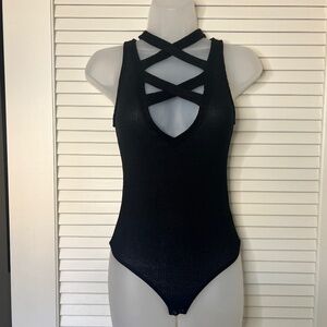 Express V Neck Criss Cross Black Bodysuit | Size: S
